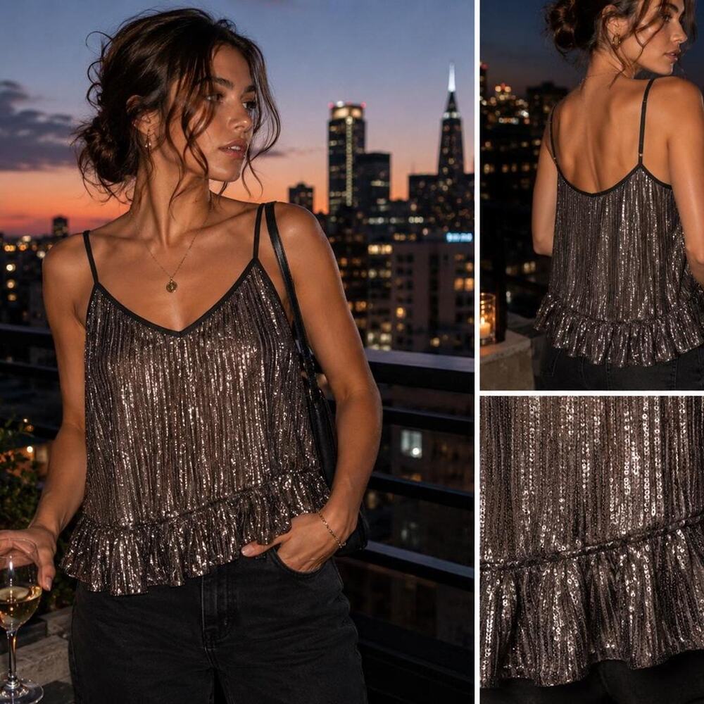 Anthropologie NWT Metallic Ruffle Cami Size 2
